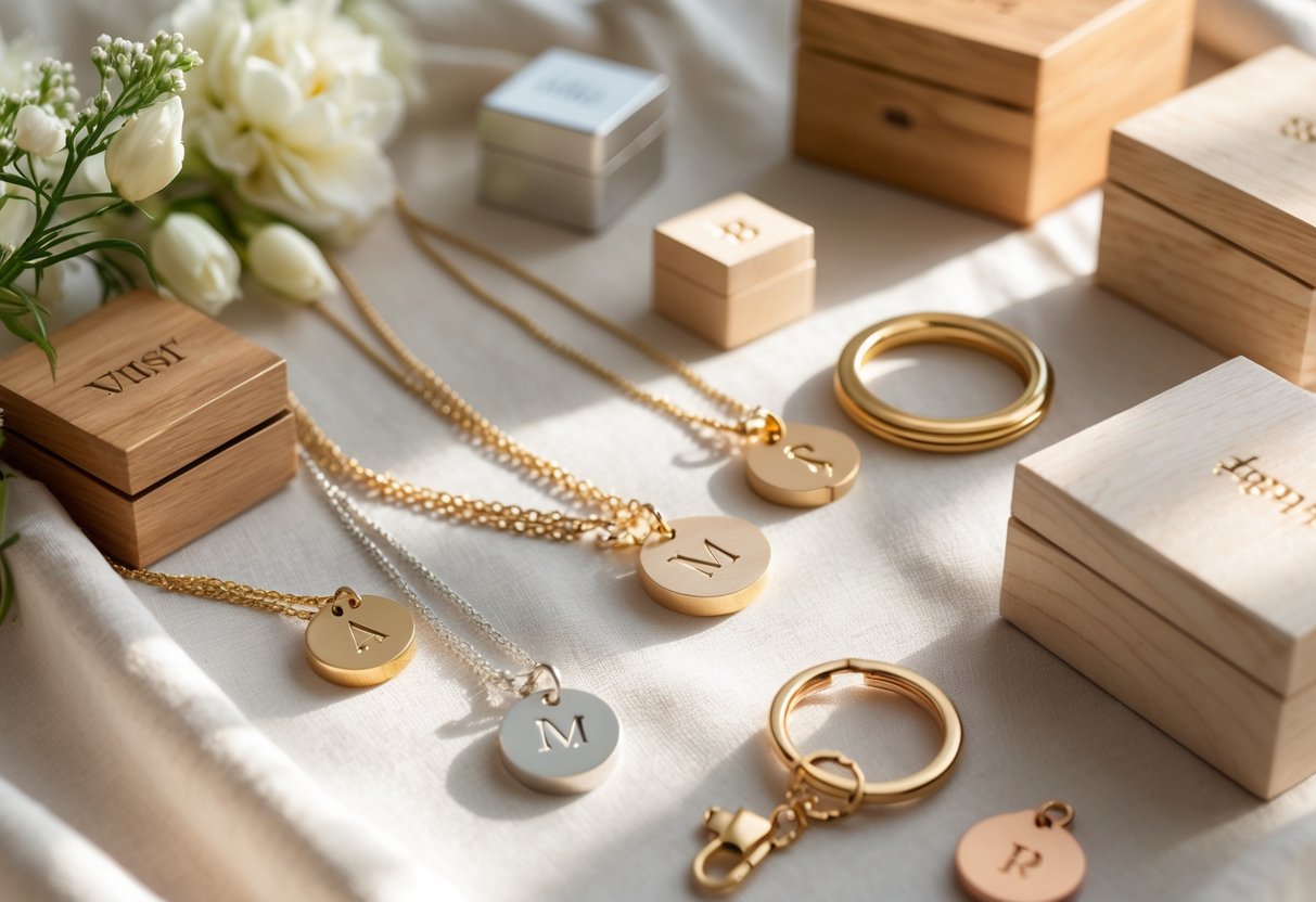 A collection of engraved initial gifts for sisters including necklaces, keychains, and jewelry boxes arranged on a soft fabric with flowers.