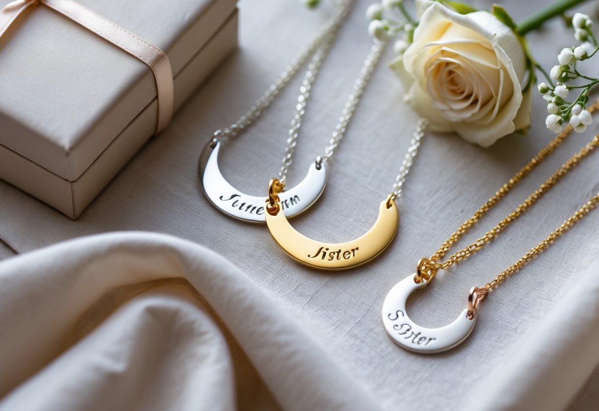 Close-up of engraved silver and gold necklaces and bracelets arranged on soft fabric with a velvet box and flowers, suggesting a thoughtful gift.
