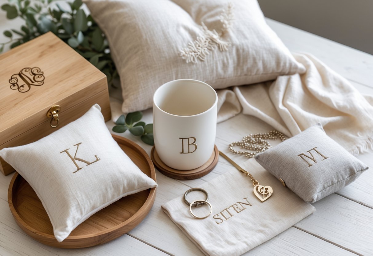 A flat lay of personalized home and lifestyle gifts with engraved initials, including a jewelry box, mug, pillow, and keychain, arranged on a wooden surface with soft natural light.