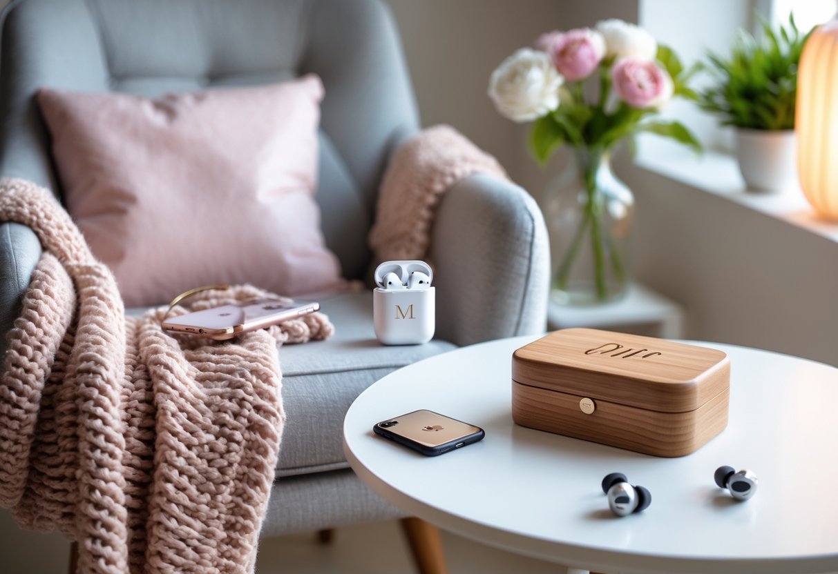 A cozy modern room with tech gadgets and personalized gifts arranged on a table and chair, including a smartphone with engraved initials, wireless earbuds, a knitted blanket, and a wooden jewelry box.