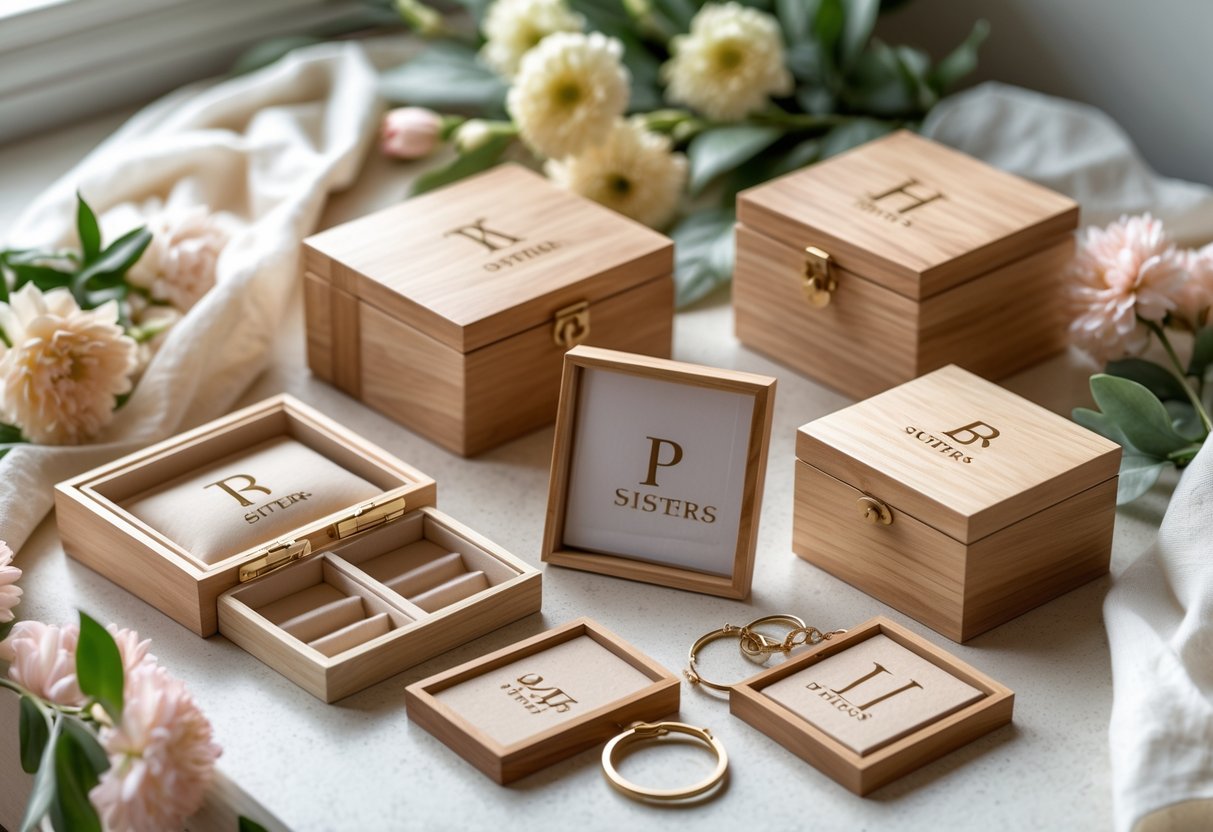 A collection of engraved wooden and metal gift items arranged with flowers and fabric, highlighting personalized initials.