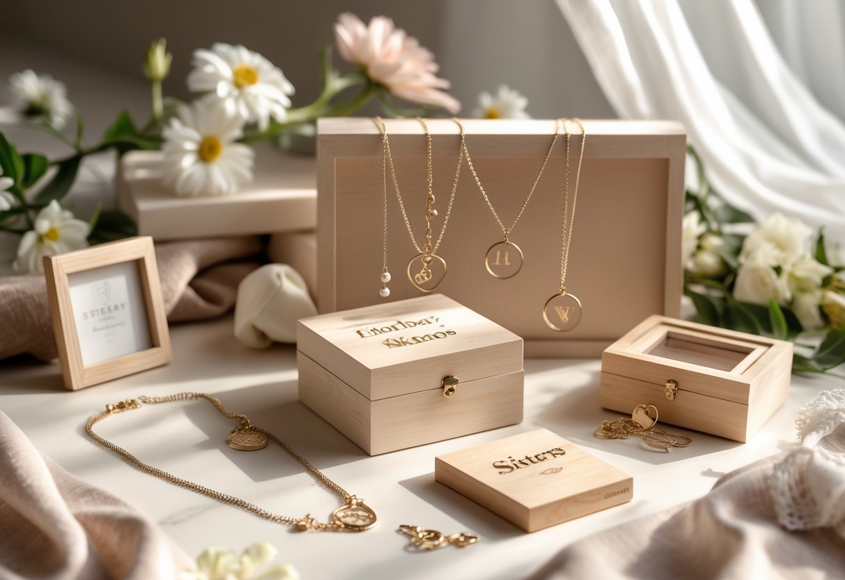 A collection of personalized engraved gifts for sisters, including jewelry and keepsake boxes, arranged on a wooden surface with flowers nearby.