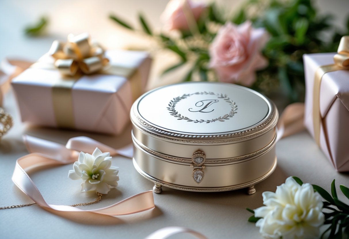 A close-up of a personalized engraved jewelry box surrounded by gift wrapping materials and flowers on a softly lit surface.