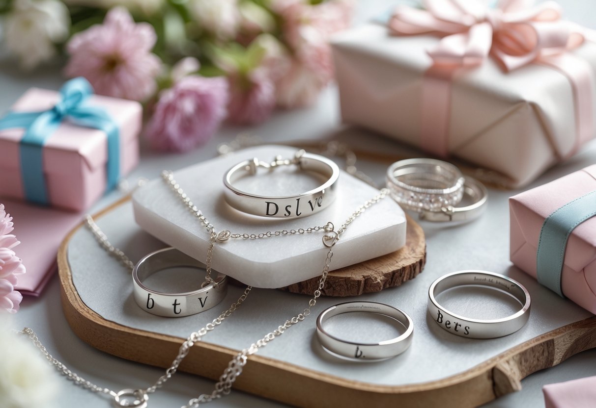 A collection of engraved initial jewelry gifts arranged with flowers and gift boxes on a wooden surface.