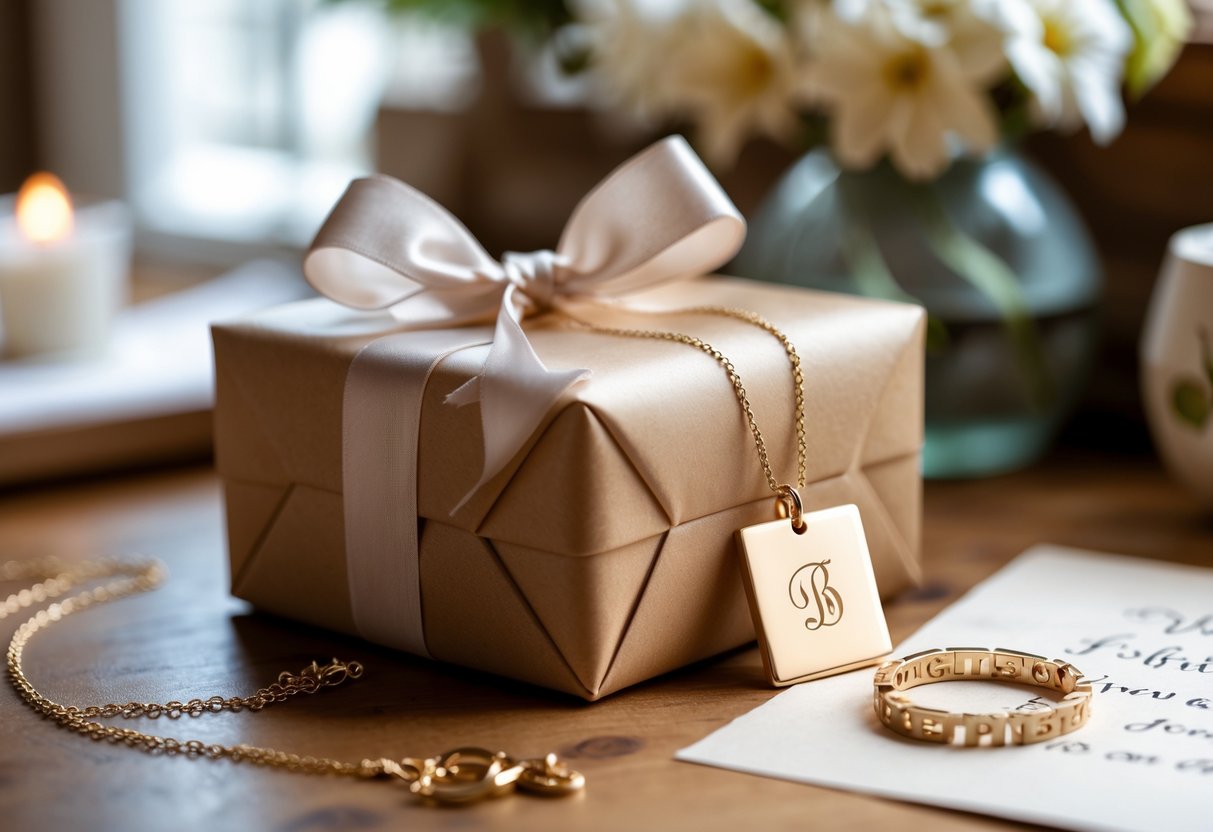 A wrapped gift box with a ribbon and an engraved jewelry piece with initials on a wooden table, with flowers and a note in the background.