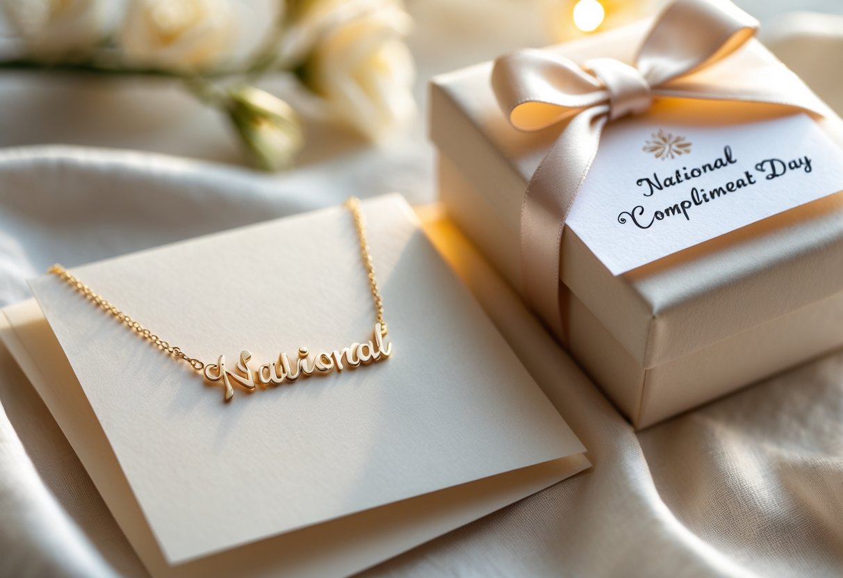 A gift set featuring an initial necklace displayed on a soft fabric next to a folded message card, arranged on a warm, softly lit surface.