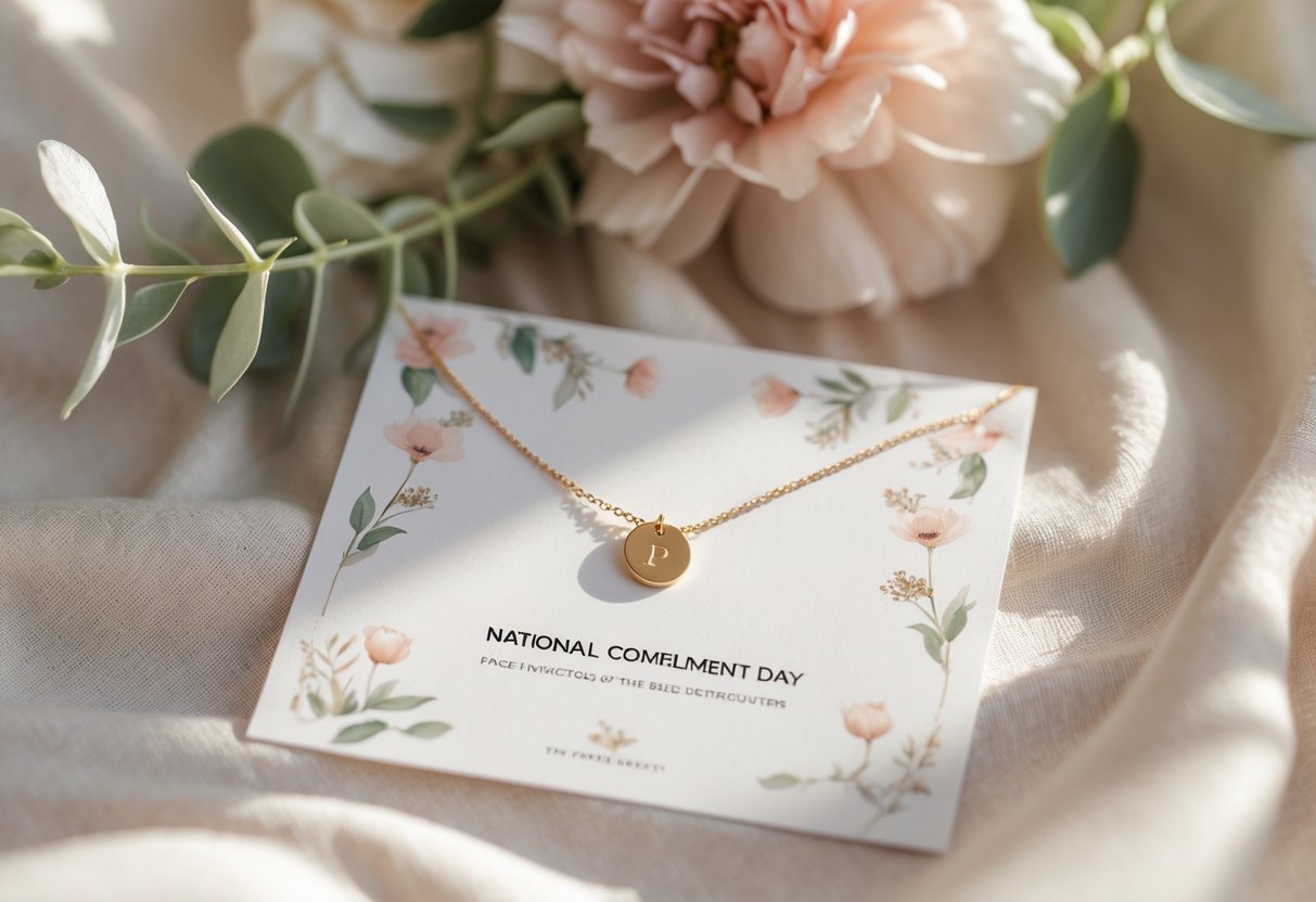 Close-up of a gold initial necklace resting on soft fabric next to a decorative message card and flowers.