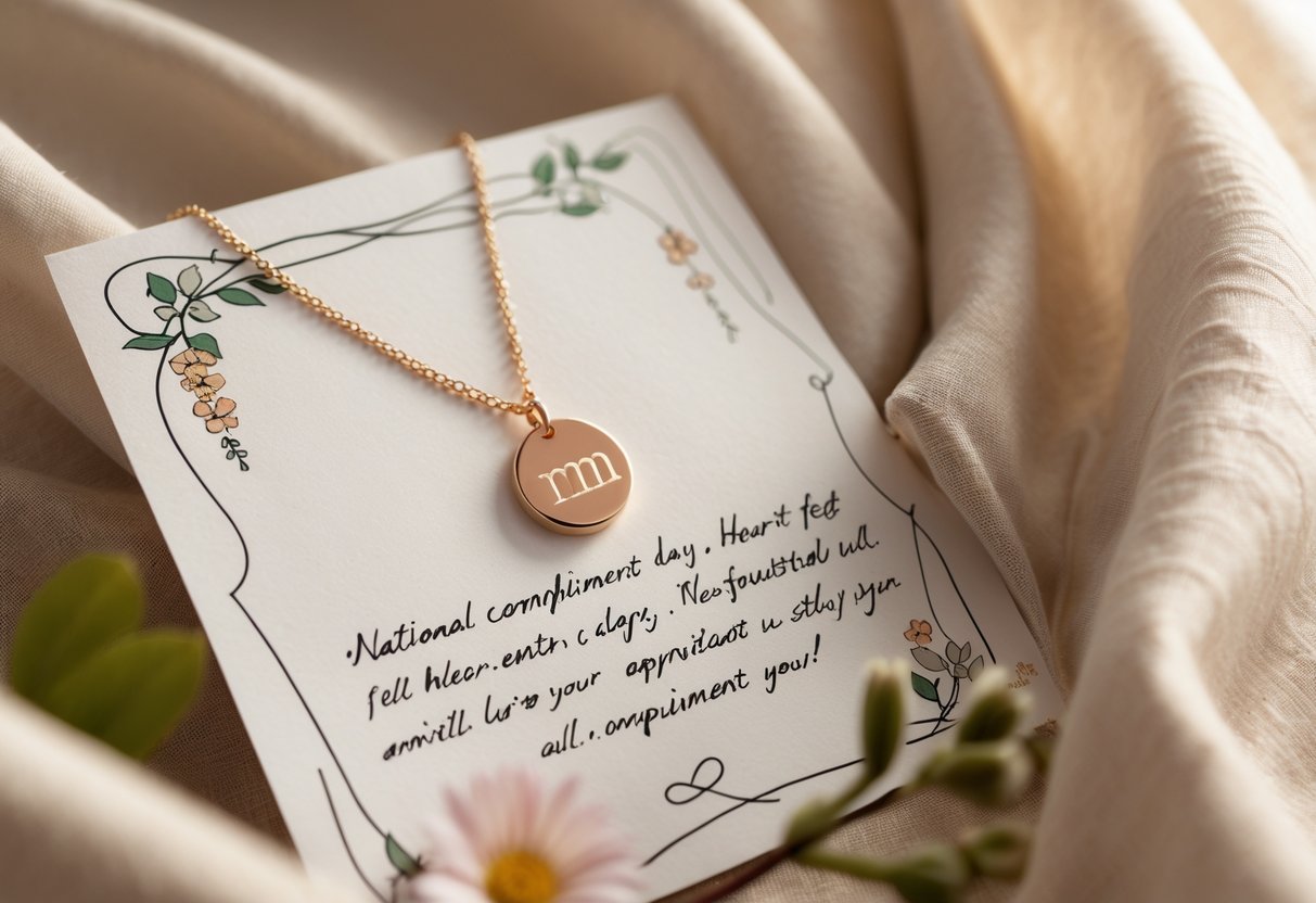 A close-up of an initial necklace placed beside a handwritten message card on soft fabric with small flowers around them.