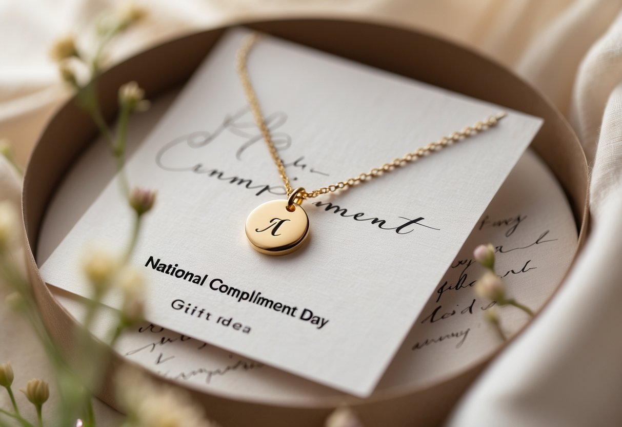A close-up of an initial necklace resting on a message card surrounded by small flowers and soft fabric.