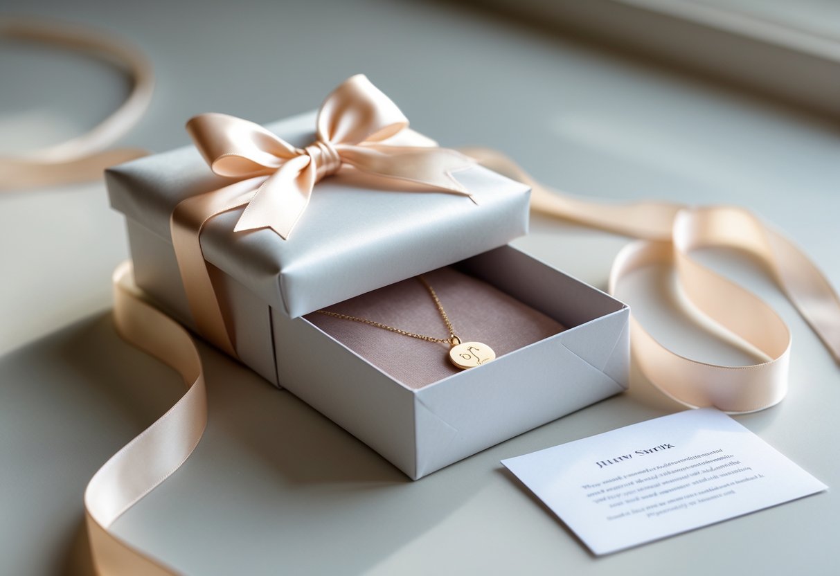 A wrapped gift box with an initial necklace inside and a small message card placed beside it on a light surface.