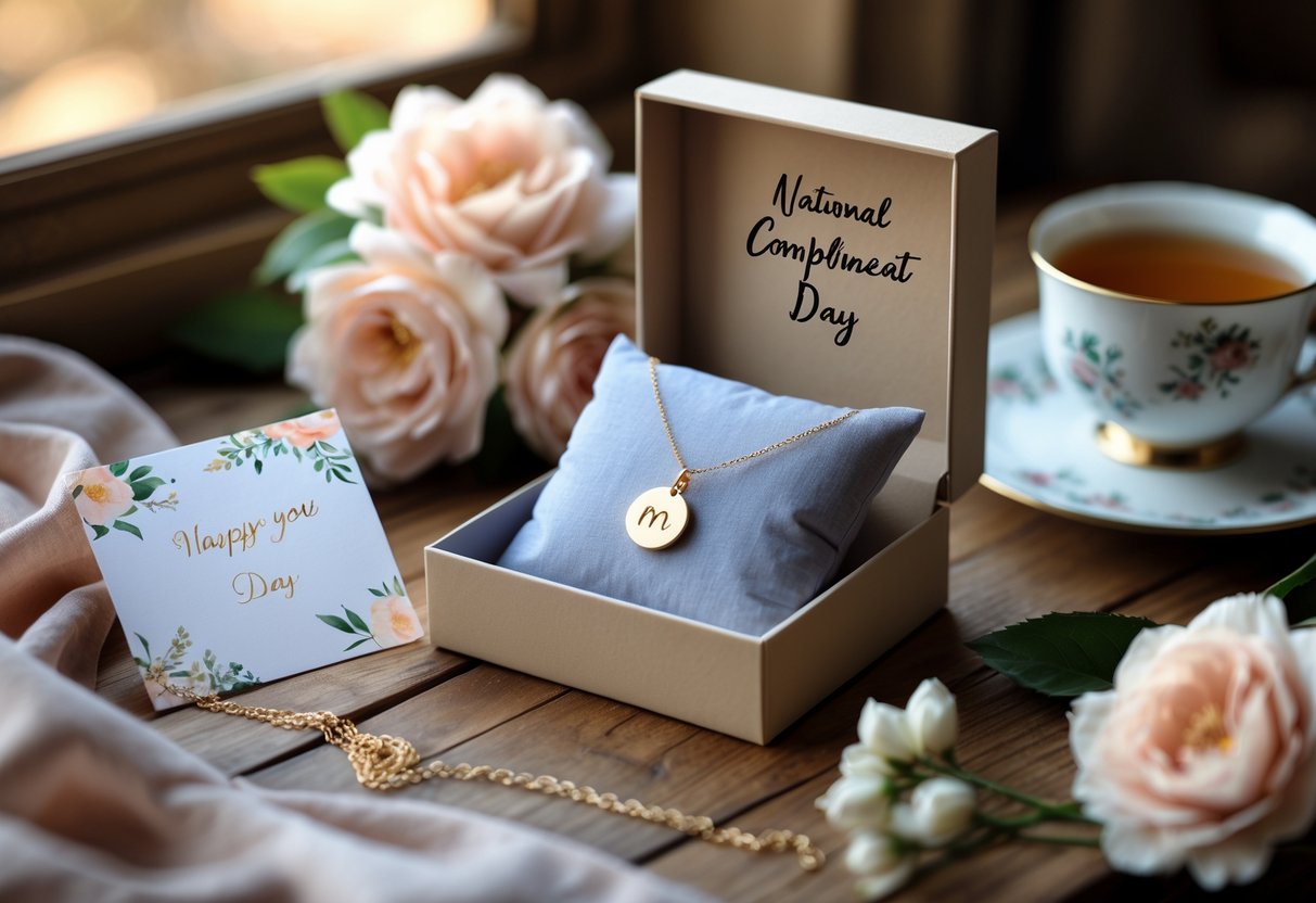 A gift box with an initial necklace and a message card on a wooden table surrounded by flowers and a cup of tea.
