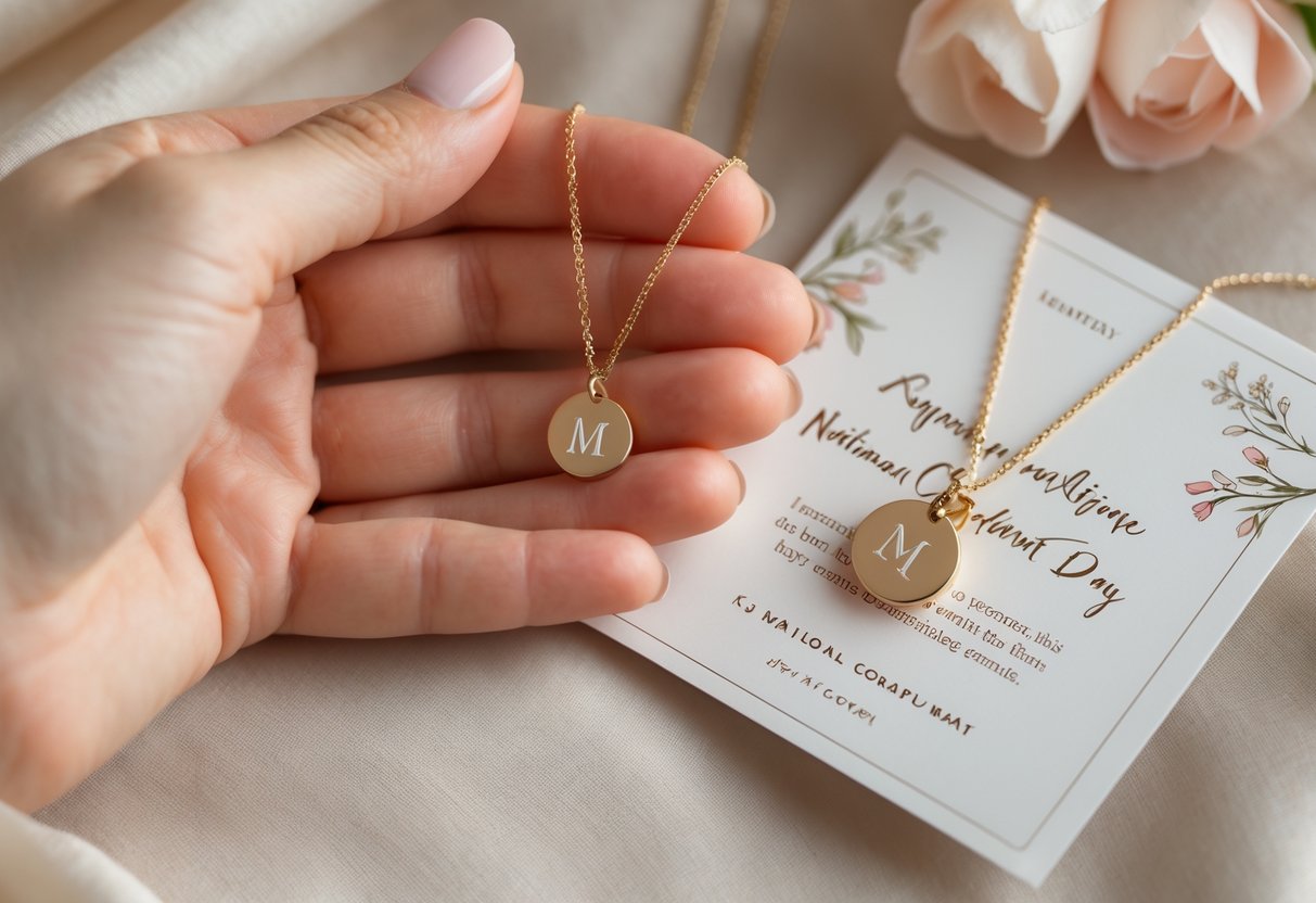 A hand holding a personalized initial necklace next to a decorative message card on a soft background.