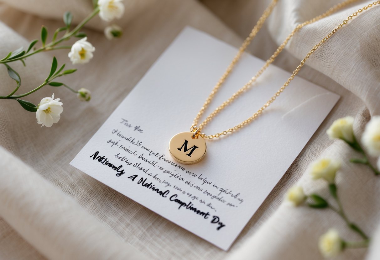 Close-up of an initial necklace placed next to a handwritten message card on a soft fabric background with small flowers nearby.
