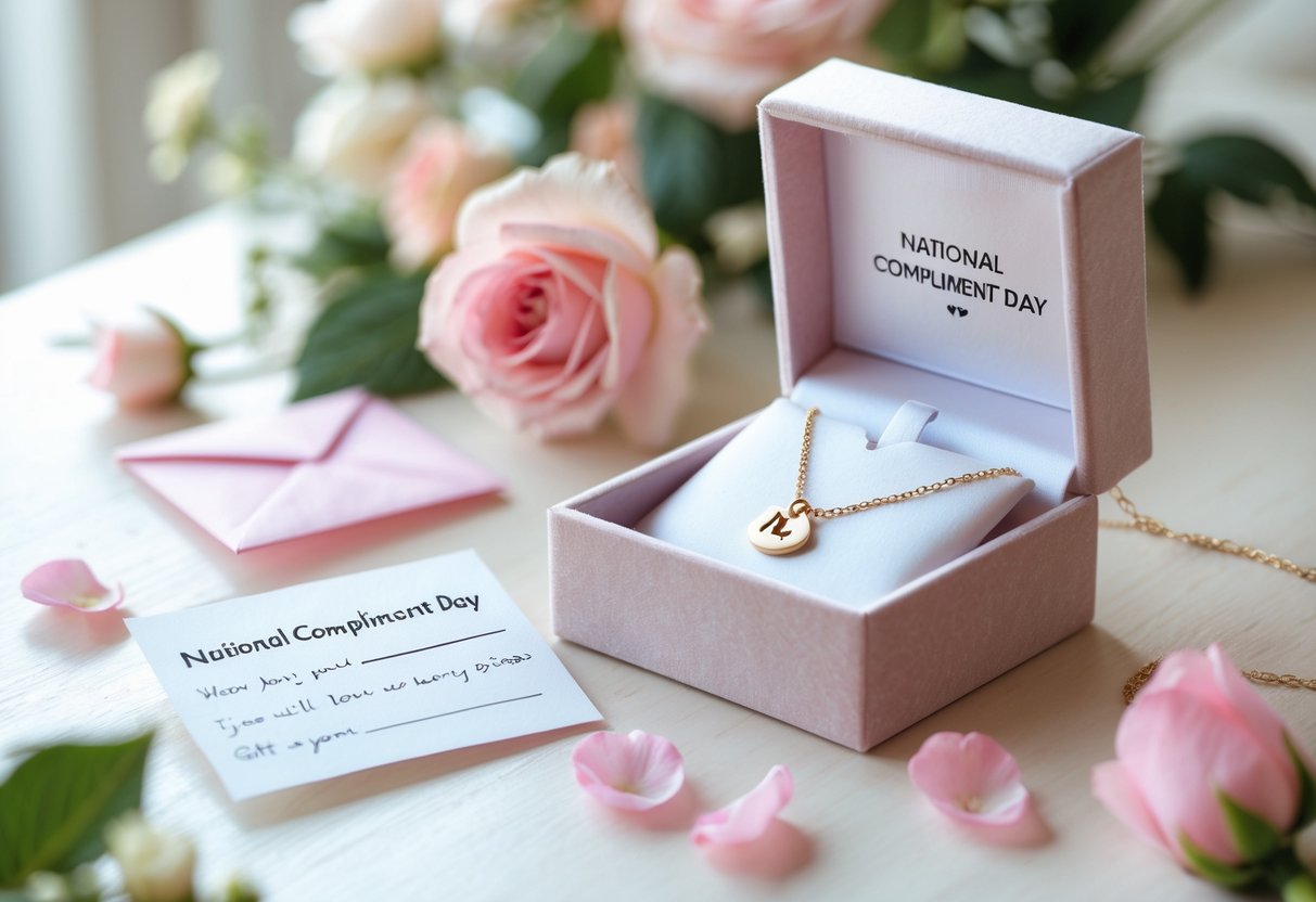 A close-up of an initial necklace in an open gift box next to a folded message card on a wooden table with flowers and rose petals around.