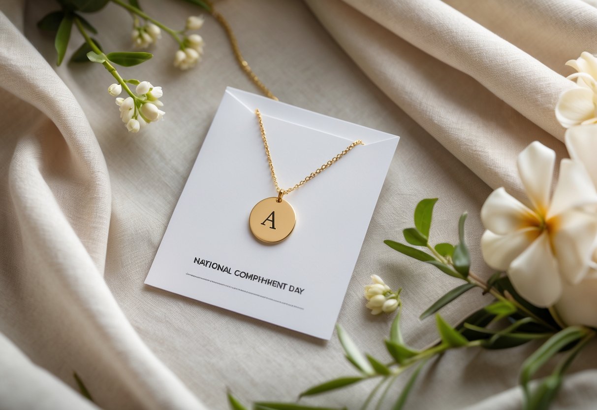 A close-up of an initial necklace next to a folded message card on a wooden surface with small flowers and greenery around them.