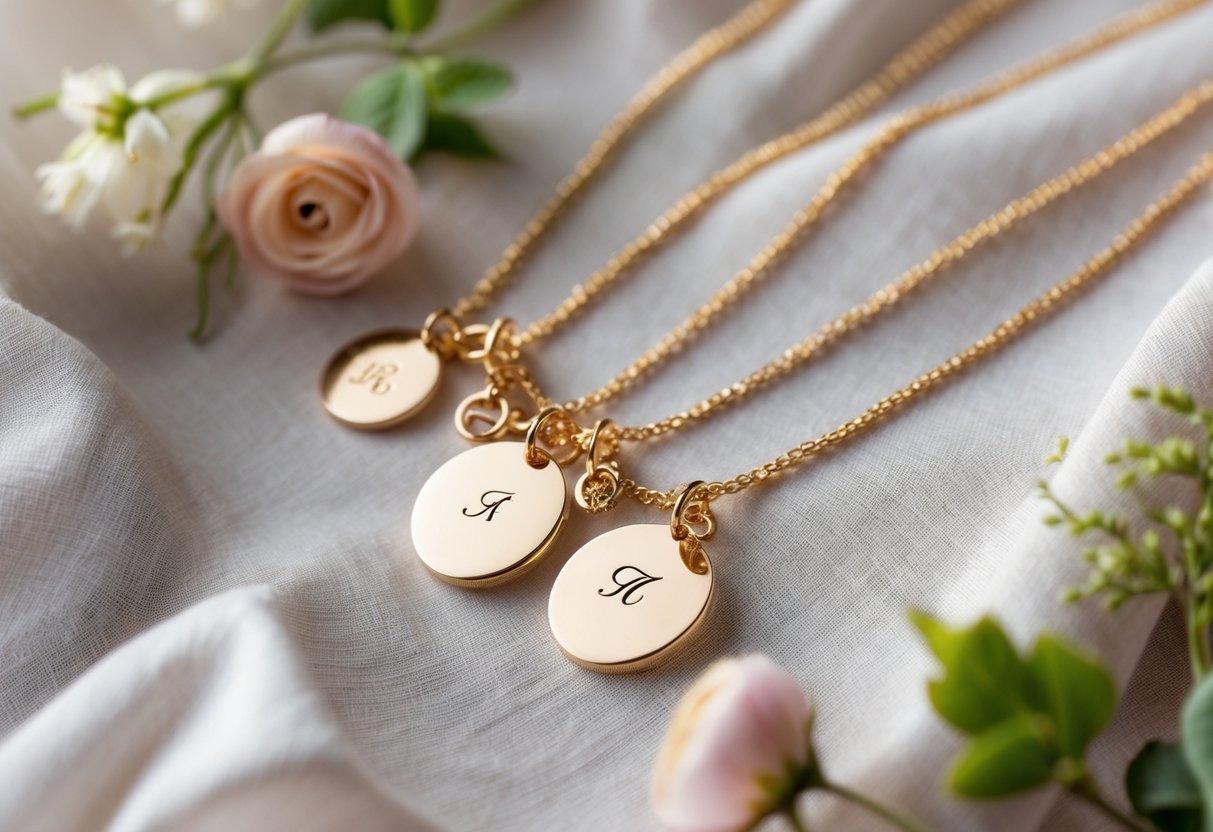 Close-up of personalized necklaces arranged on fabric with flowers and greenery around them.