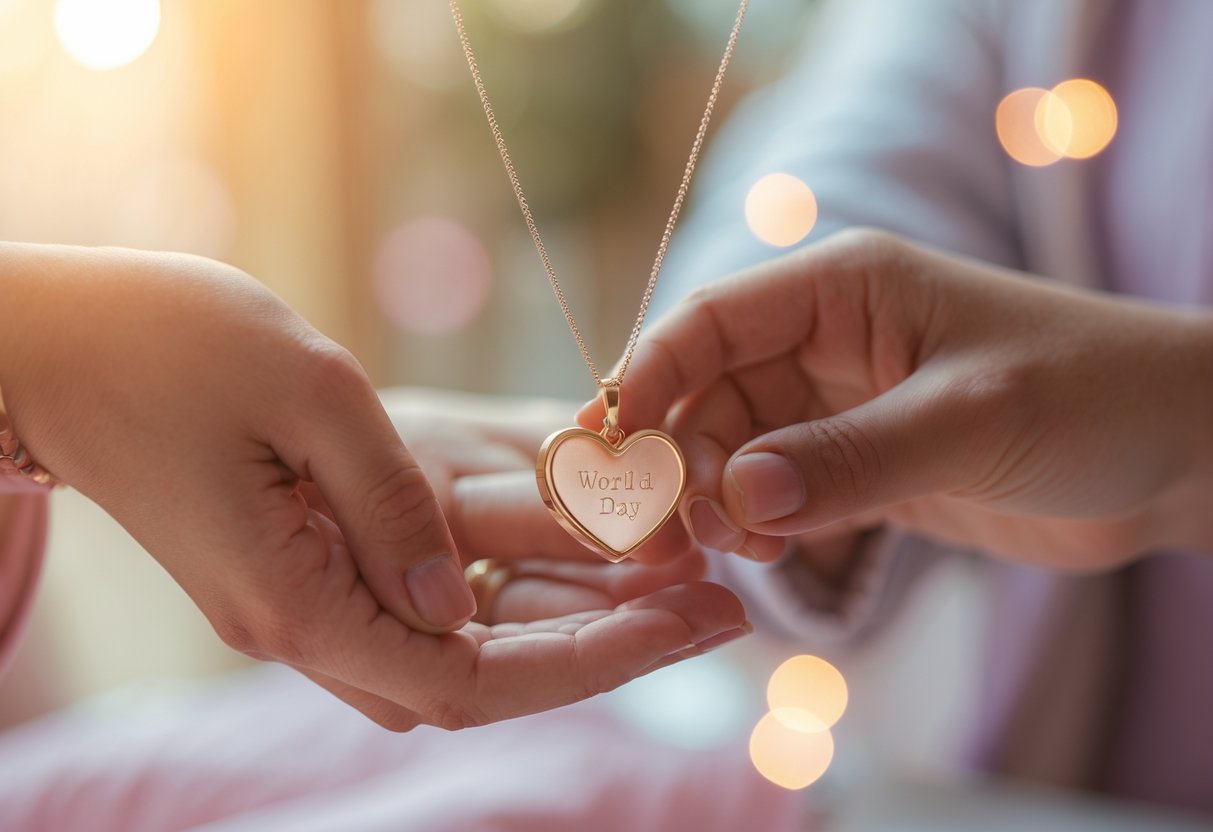 Two hands exchanging a personalized heart-shaped necklace in a warm, softly lit indoor setting.