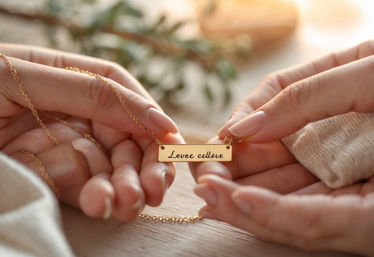 Two hands exchanging a personalized necklace in a warm, cozy setting.