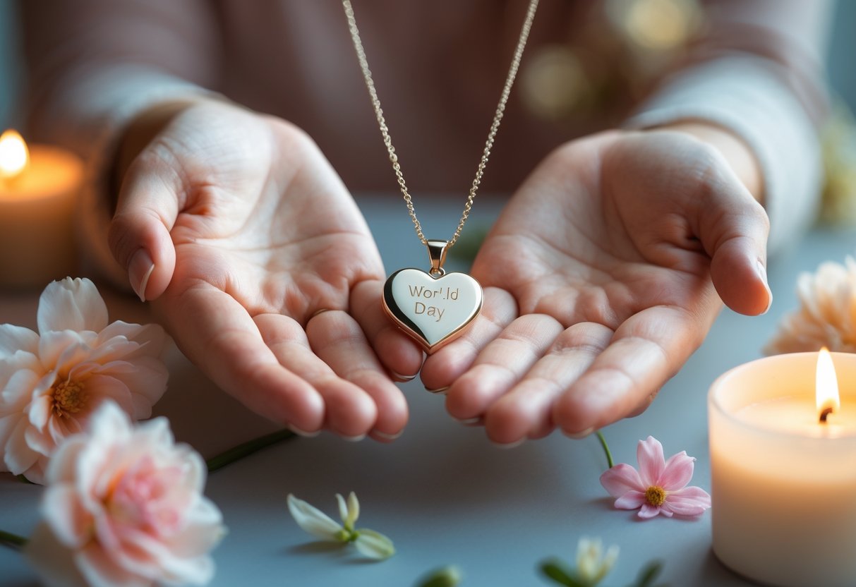 Two hands exchanging a delicate personalized necklace with a heart-shaped pendant surrounded by soft flowers and warm lighting.