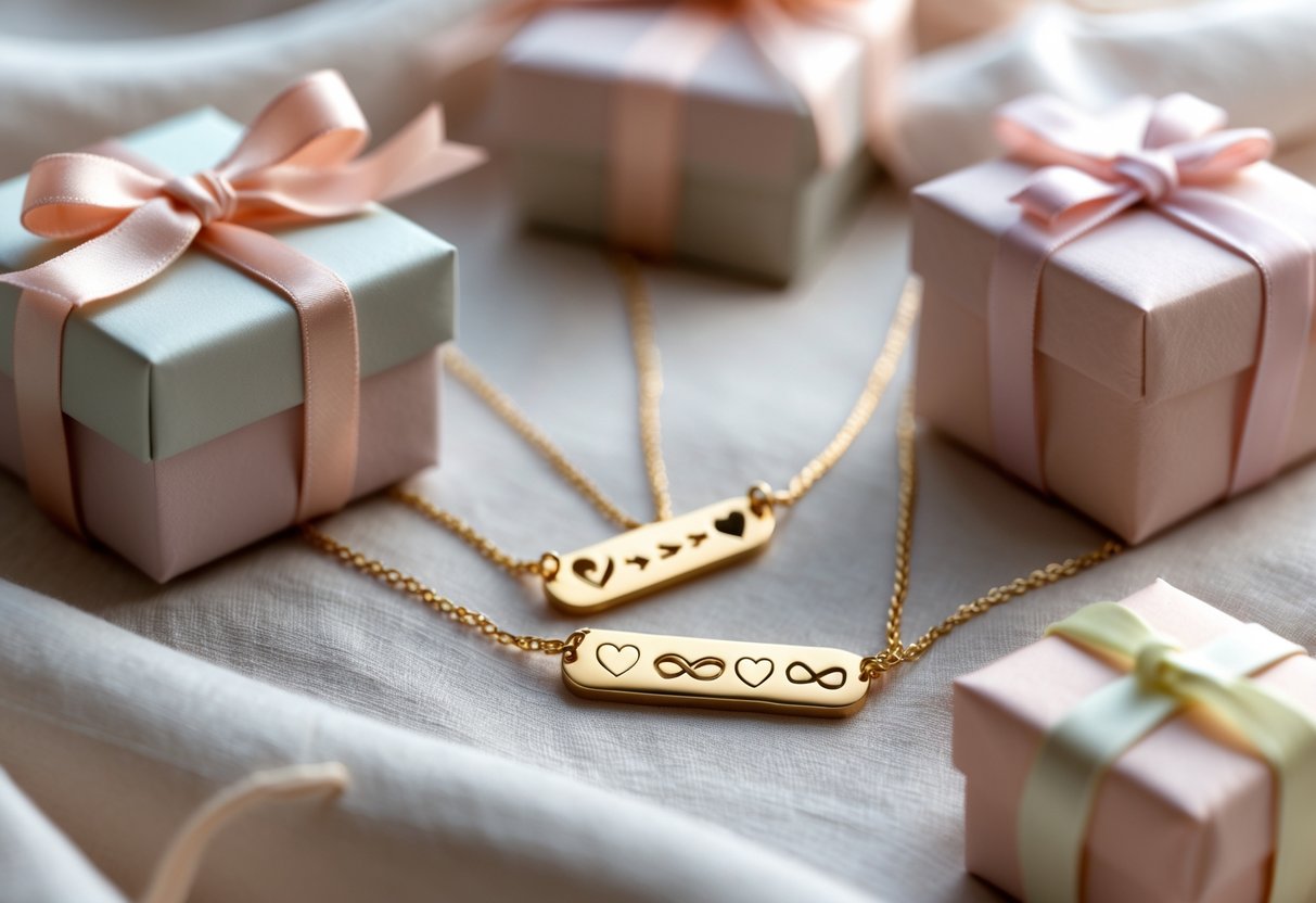 Close-up of personalized necklaces with meaningful pendants displayed on soft fabric, surrounded by small gift boxes.