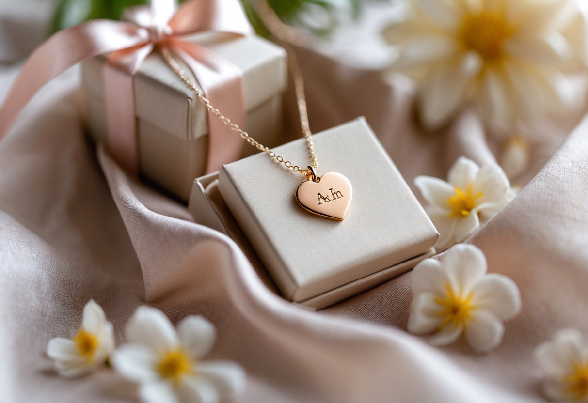 Close-up of a personalized necklace with a delicate pendant resting on soft fabric next to an open gift box and flower petals.