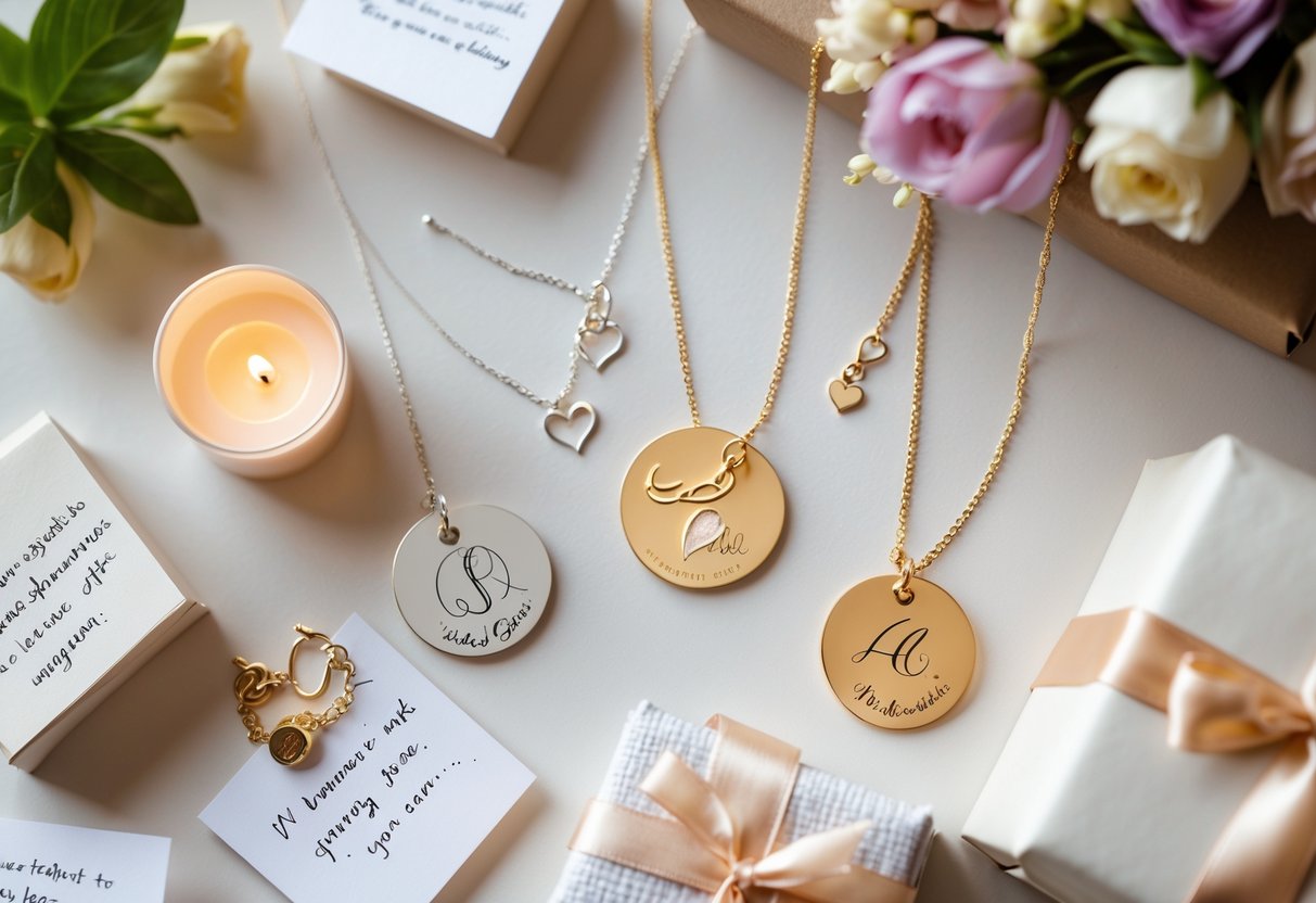 A flat lay of personalized necklaces paired with kindness-themed gifts including flowers, a candle, a gift box, and handwritten notes on a neutral background.