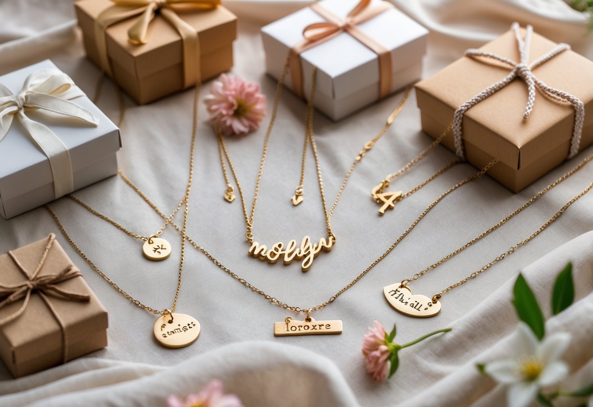A collection of personalized necklaces displayed with flowers and gift boxes on a soft fabric background.