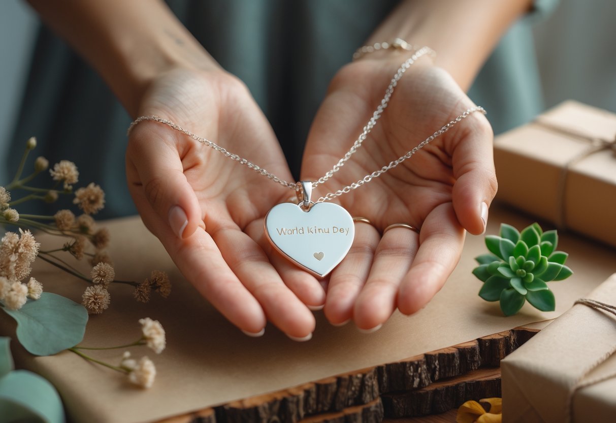 Hands holding a personalized necklace on a wooden surface with eco-friendly wrapping and dried flowers nearby.