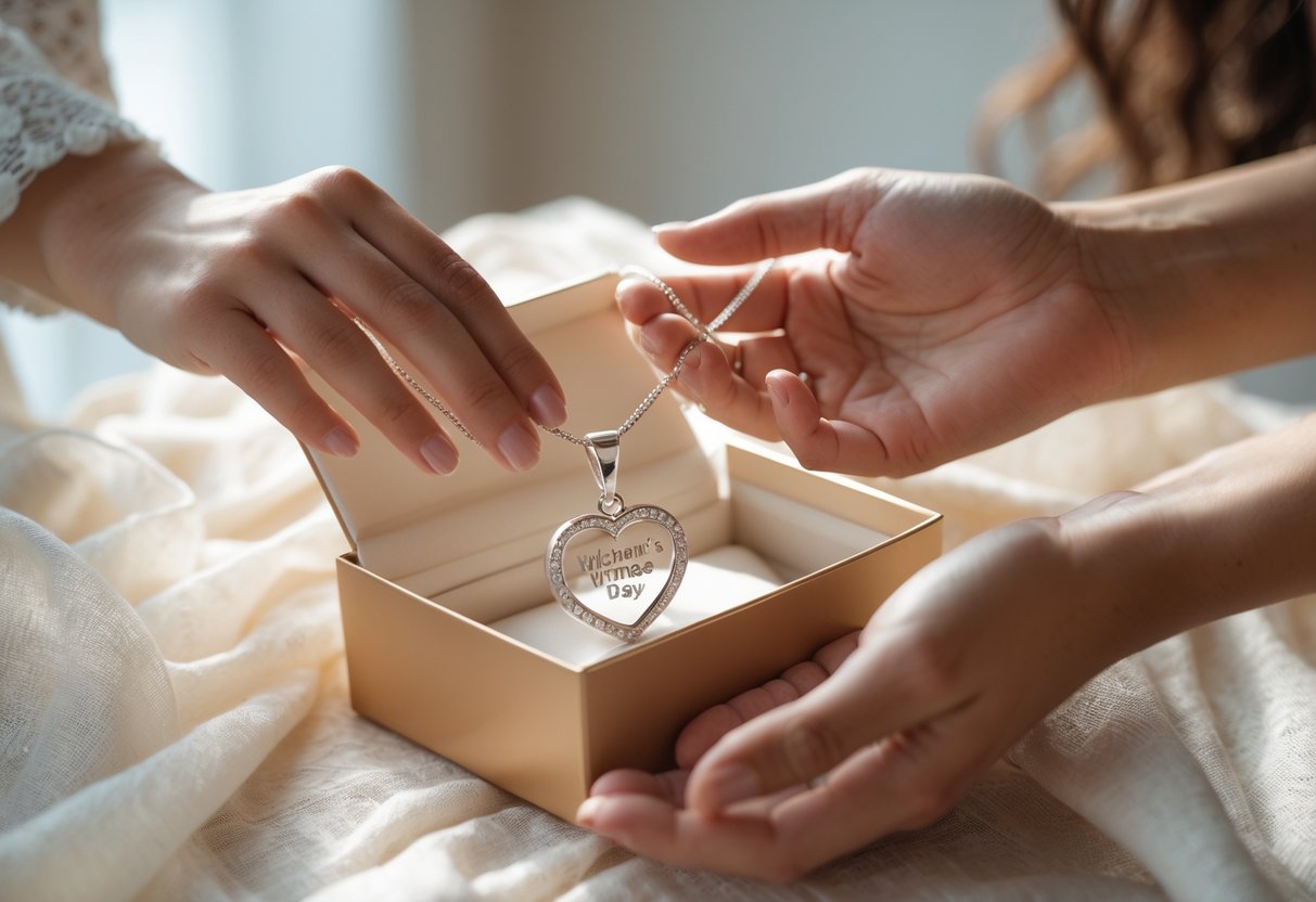 Two people exchanging a gift box containing a personalized necklace, showing a warm and thoughtful moment of gift giving.