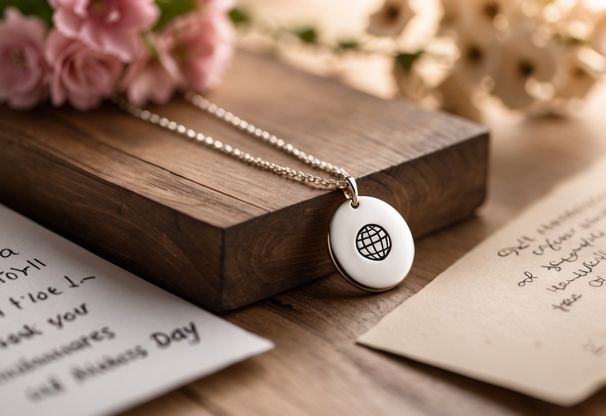 A close-up of a personalized necklace with a heart-shaped pendant on a wooden surface, surrounded by flowers and a handwritten note.