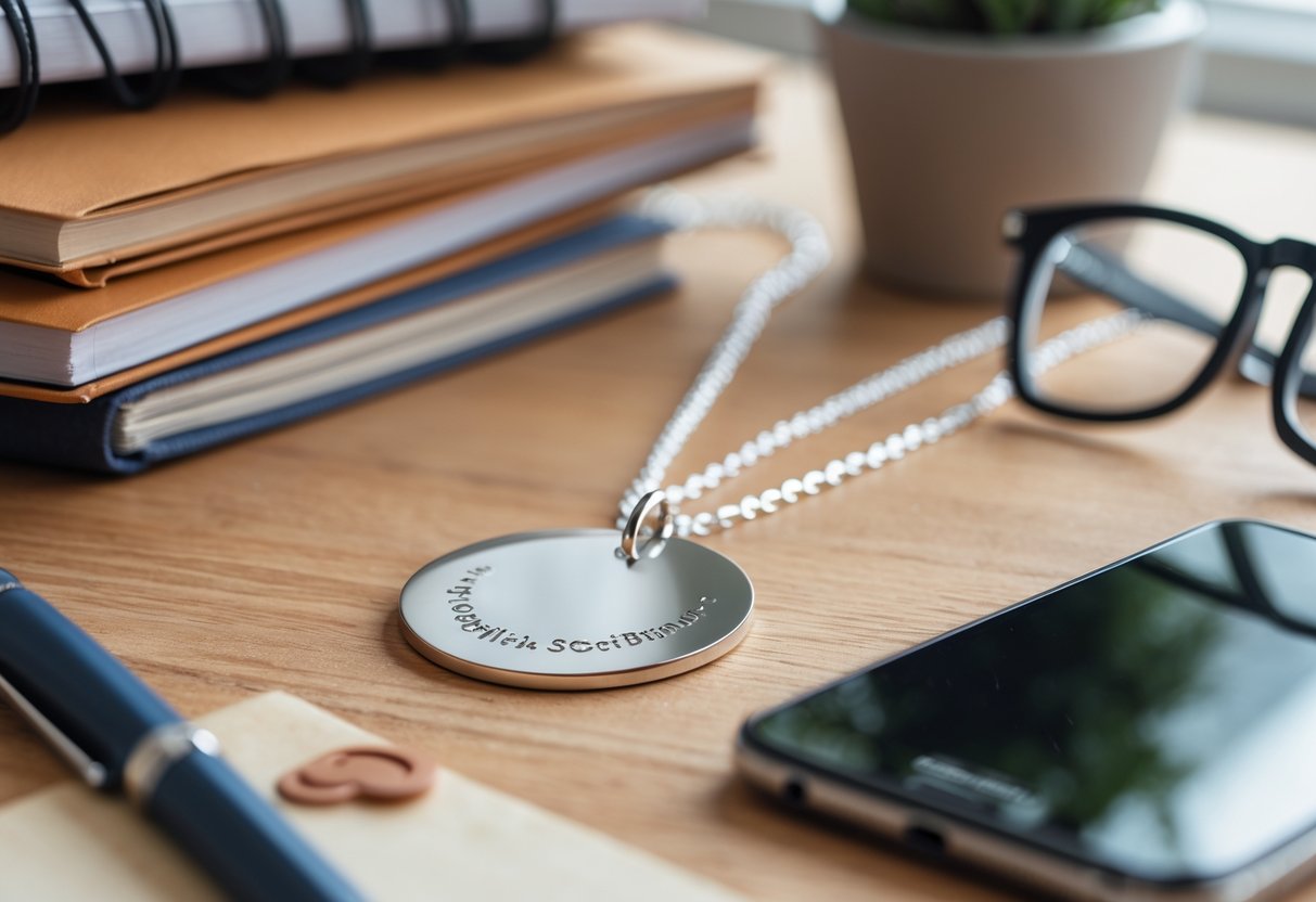 A silver disc necklace on a wooden desk surrounded by textbooks, a notebook, eyeglasses, a smartphone, and a small plant.