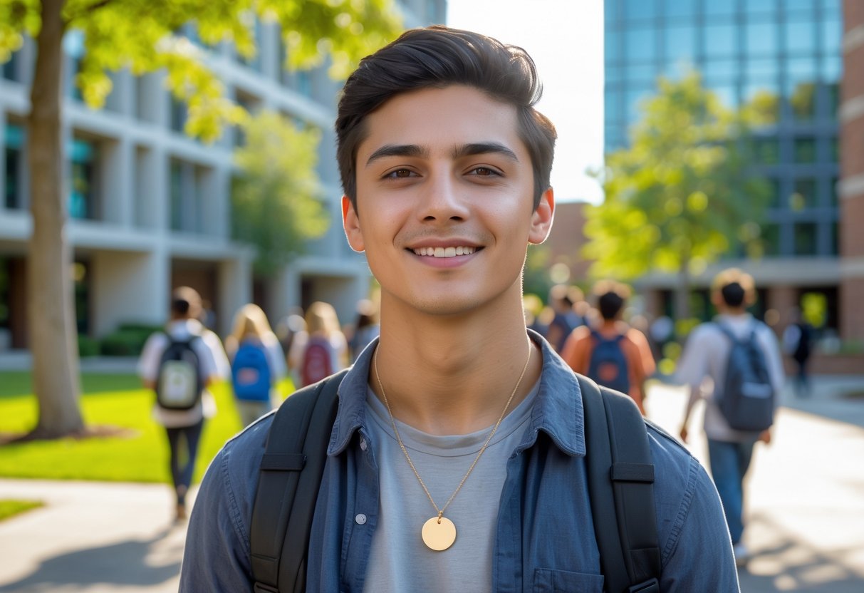 A young college student wearing a disc necklace standing on a university campus with other students and buildings in the background.