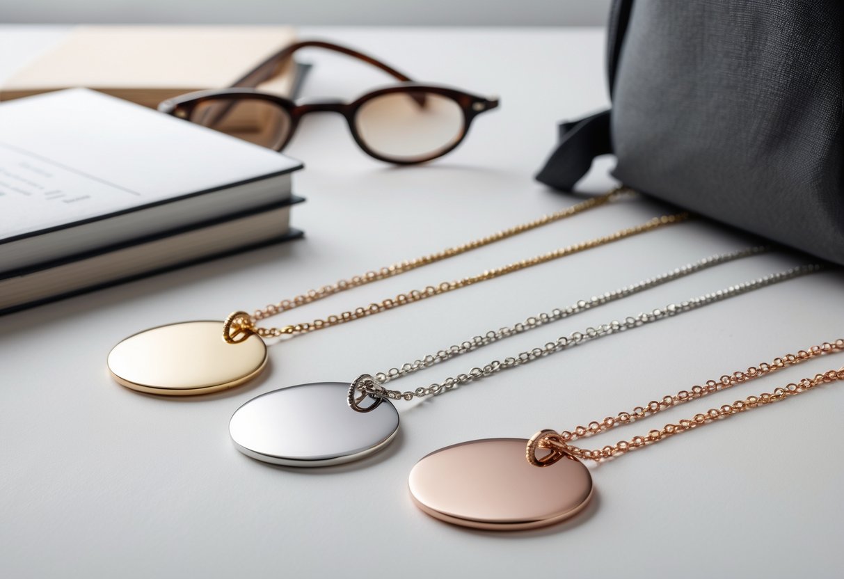 A collection of disc necklaces displayed with books, eyeglasses, and a backpack, suggesting gifts for college freshmen.