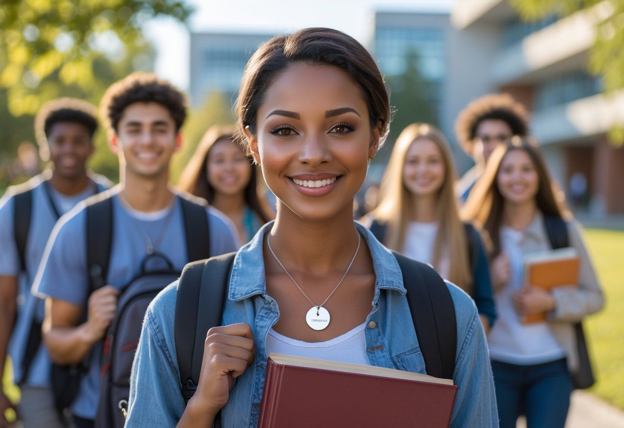 A young woman on a college campus wearing a disc necklace, smiling and holding a backpack and books with campus buildings and greenery in the background.