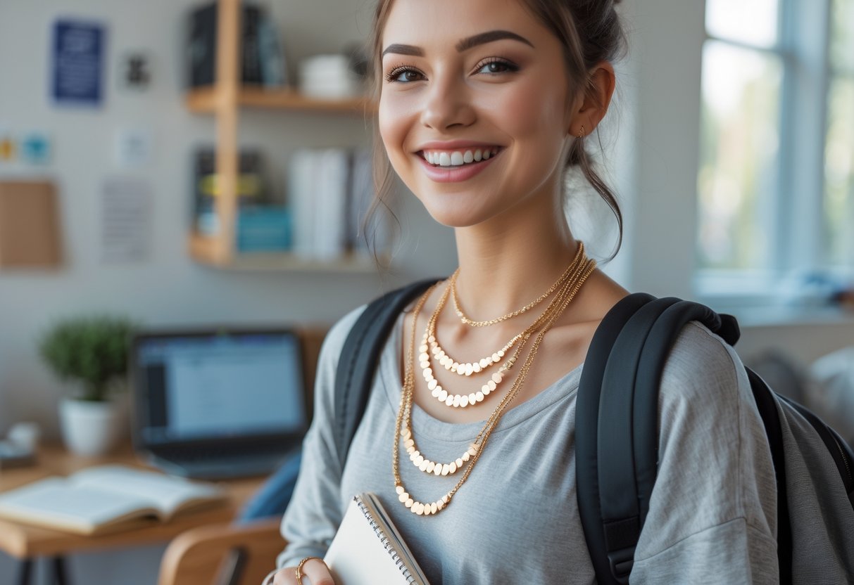 A young college student wearing layered disc necklaces, holding books in a bright dorm room.