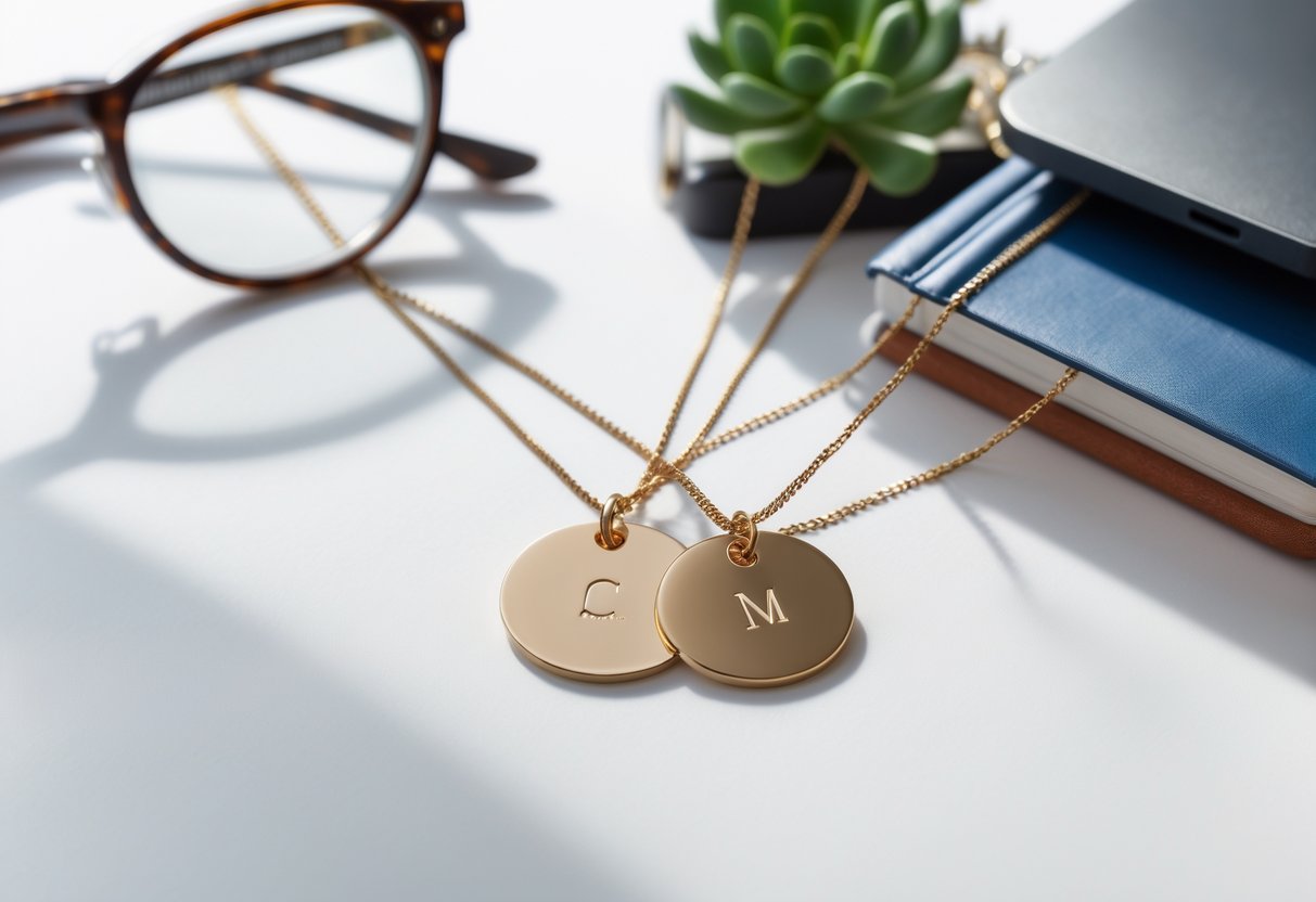 Close-up of disc necklaces with personalized pendants displayed alongside college books, eyeglasses, a laptop, and a small plant on a white surface.