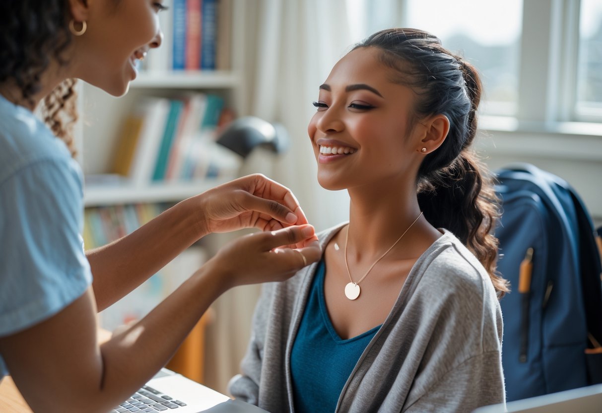 A young college student smiling as someone places a disc necklace around their neck in a bright dorm room.