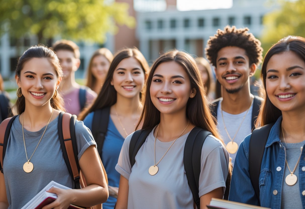 A group of college freshmen wearing disc necklaces and casual outfits outdoors on campus, smiling and carrying backpacks.