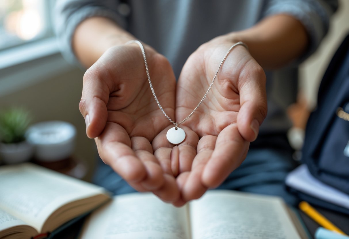 A young person holding a delicate disc necklace in their hands inside a dorm room with books and school supplies nearby.