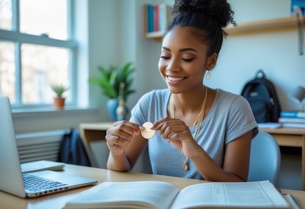 A college freshman sitting at a desk in a dorm room holding a disc necklace and smiling.