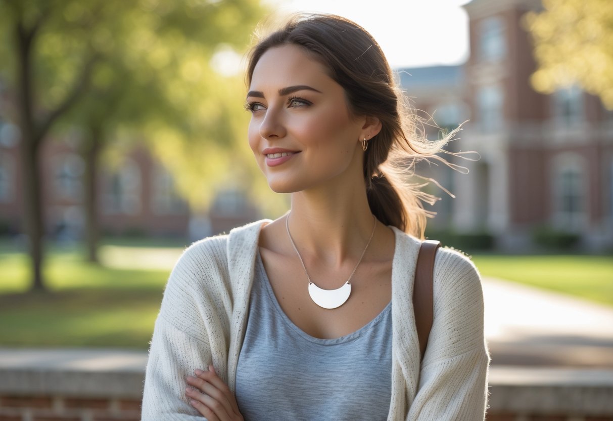 A young woman wearing a disc necklace stands outdoors on a college campus with trees and buildings in the background.
