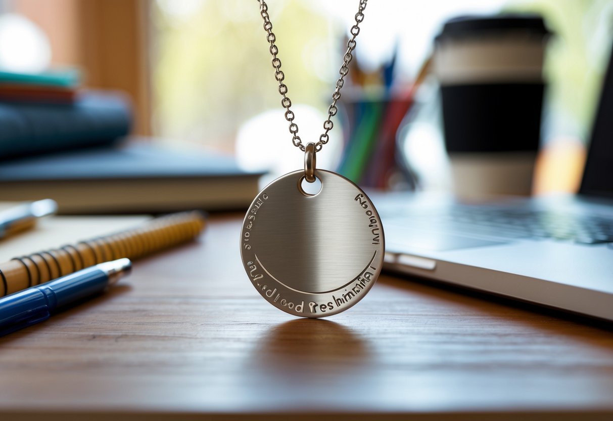 A disc necklace placed on a desk with notebooks, pens, a laptop, and a coffee cup in the background.