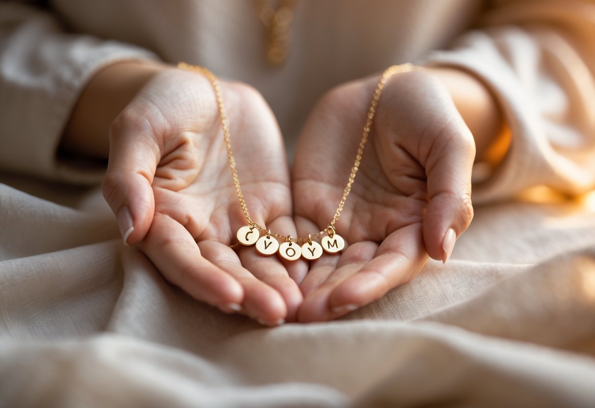 Close-up of a woman holding a gold necklace with several initial pendants, symbolizing a Mother's Day gift.
