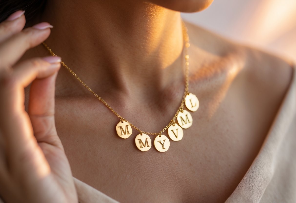 Close-up of a woman's hand wearing a gold necklace with multiple initial pendants representing her children.