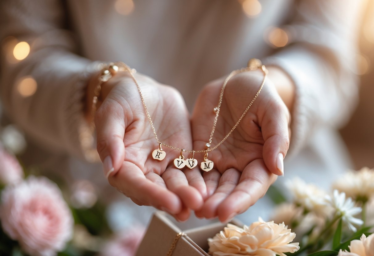Close-up of a woman's hands wearing jewelry with initial charms, holding a small gift box and flowers.