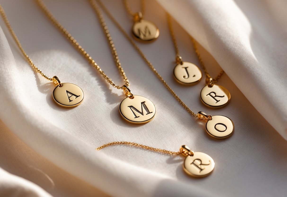 Close-up of gold initial letter necklaces arranged on soft fabric, representing personalized Mother's Day jewelry.