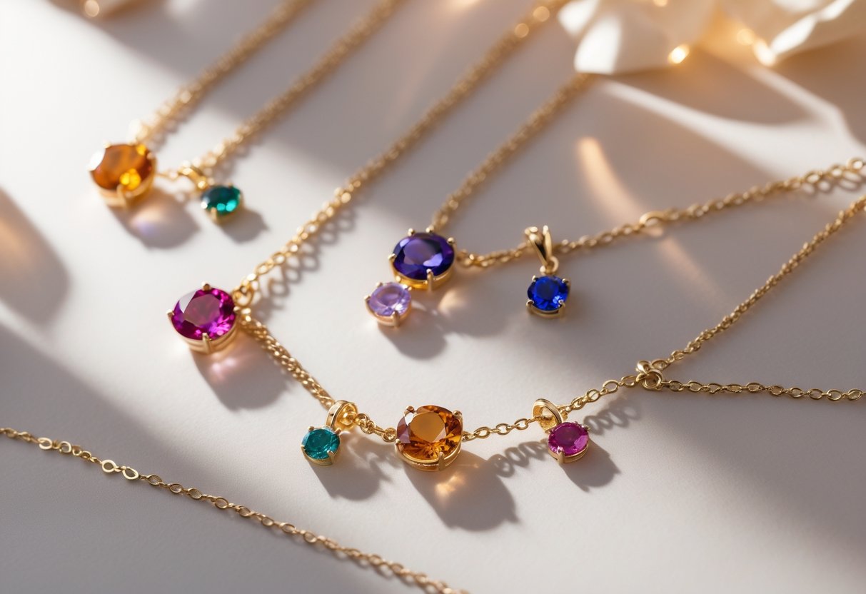 Close-up of birthstone and initial charm necklaces and bracelets arranged on a soft surface, highlighting colorful gemstones and delicate metalwork.