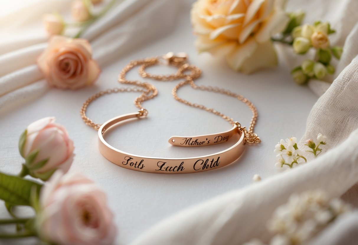 Close-up of personalized Mother's Day jewelry with engraved initials, displayed with flowers and soft fabric.