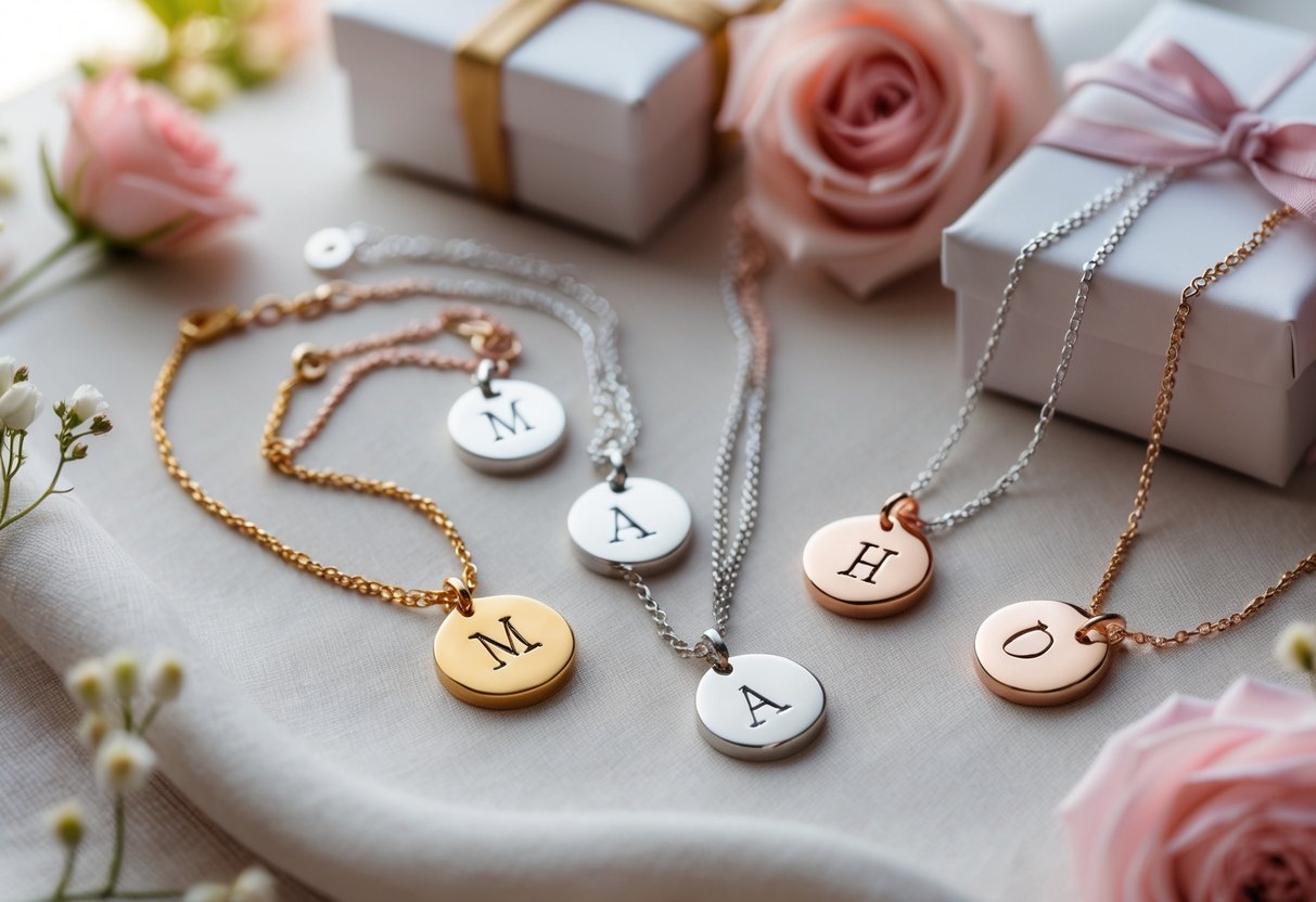 Close-up of personalized initial jewelry pieces made from different metals arranged on soft fabric with small flowers and gift boxes.