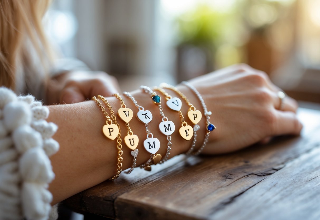 A woman's wrist wearing several charm bracelets with initial charms, resting on a wooden table in a softly lit room.